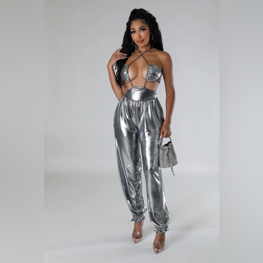 WinWin Shimmering Silver Halter Jumpsuit